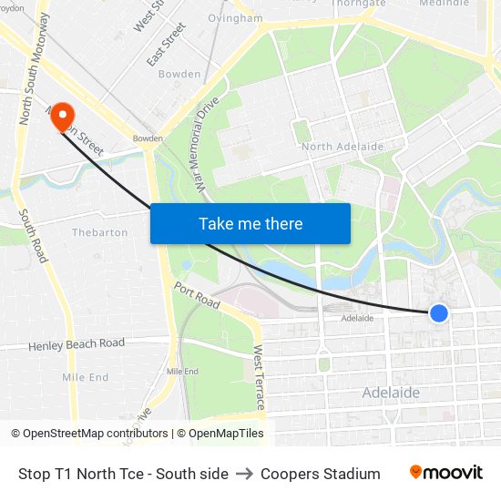 Stop T1 North Tce - South side to Coopers Stadium map