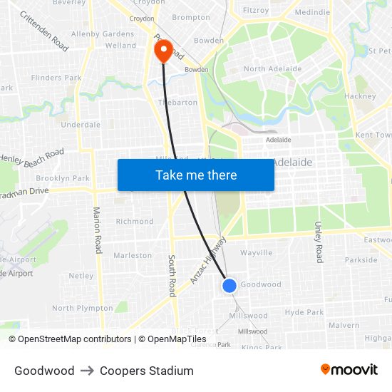 Goodwood to Coopers Stadium map