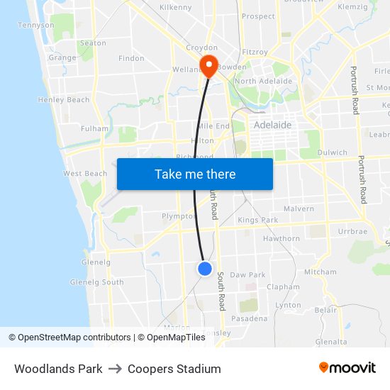 Woodlands Park to Coopers Stadium map