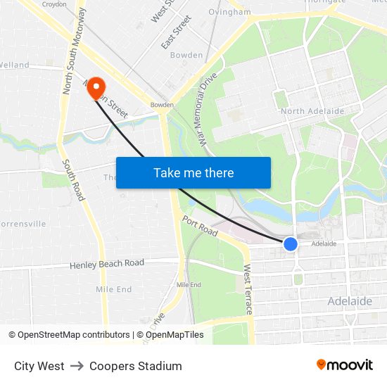 City West to Coopers Stadium map