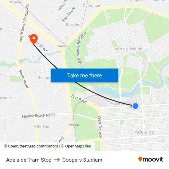 Adelaide Tram Stop to Coopers Stadium map