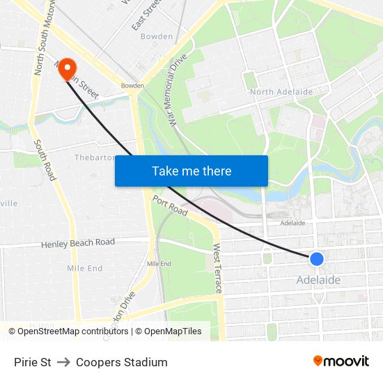 Pirie St to Coopers Stadium map