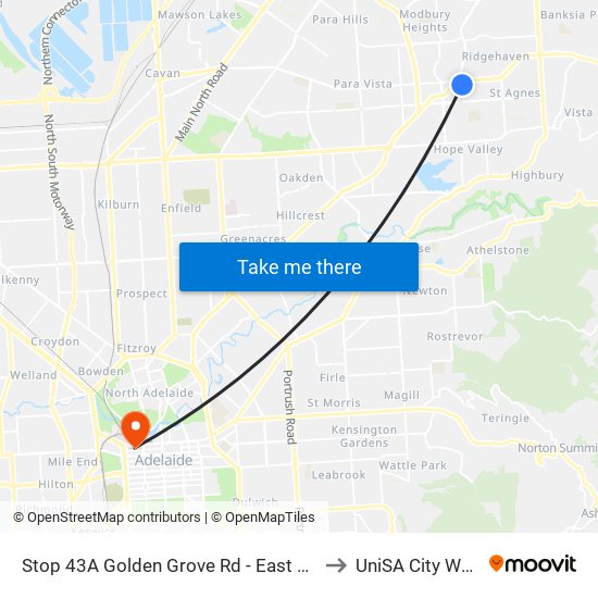 Stop 43A Golden Grove Rd - East side to UniSA City West map