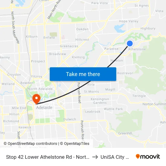 Stop 42 Lower Athelstone Rd - North side to UniSA City West map
