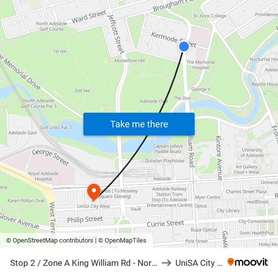 Stop 2 / Zone A King William Rd - North West side to UniSA City West map