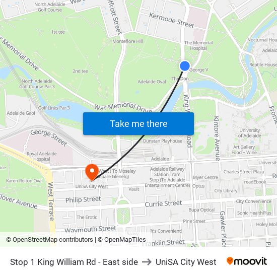 Stop 1 King William Rd - East side to UniSA City West map