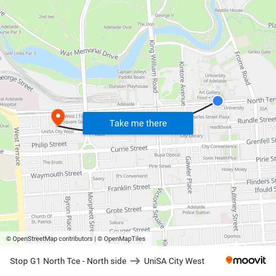 Stop G1 North Tce - North side to UniSA City West map