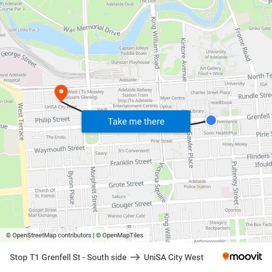 Stop T1 Grenfell St - South side to UniSA City West map