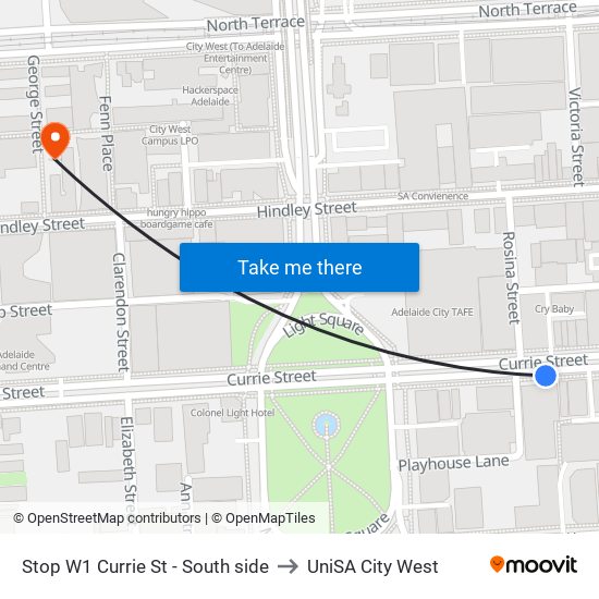 Stop W1 Currie St - South side to UniSA City West map