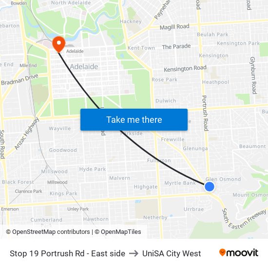 Stop 19 Portrush Rd - East side to UniSA City West map