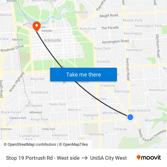 Stop 19 Portrush Rd - West side to UniSA City West map