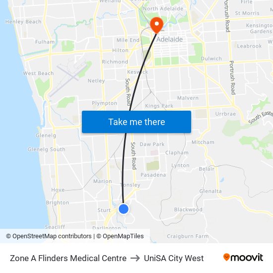 Zone A Flinders Medical Centre to UniSA City West map