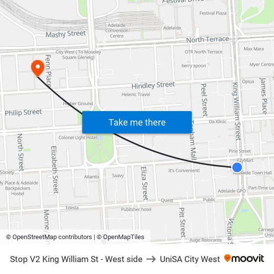 Stop V2 King William St - West side to UniSA City West map