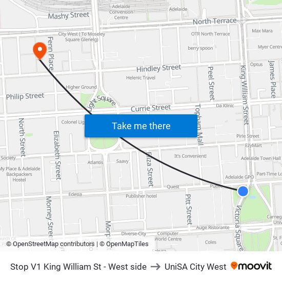 Stop V1 King William St - West side to UniSA City West map