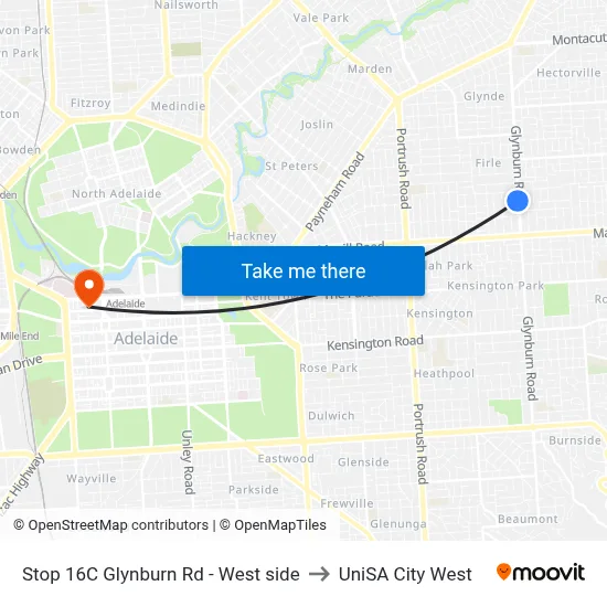 Stop 16C Glynburn Rd - West side to UniSA City West map