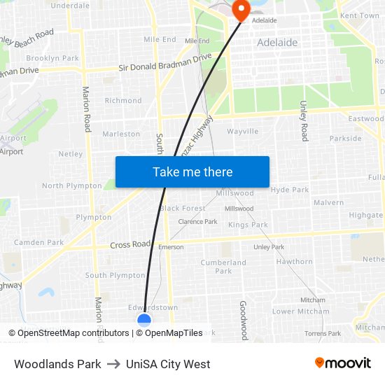 Woodlands Park to UniSA City West map