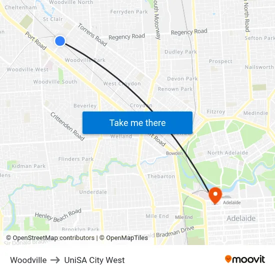 Woodville to UniSA City West map