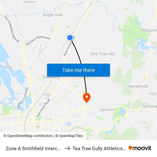 Zone A Smithfield Interchange to Tea Tree Gully Athletics Club map