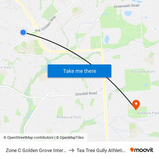 Zone C Golden Grove Interchange to Tea Tree Gully Athletics Club map