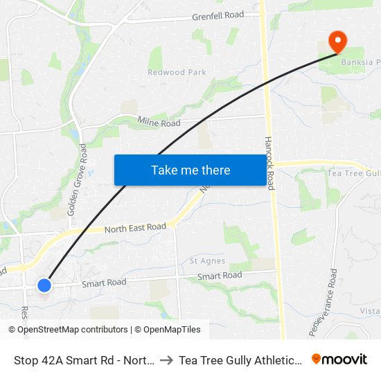 Stop 42A Smart Rd - North side to Tea Tree Gully Athletics Club map