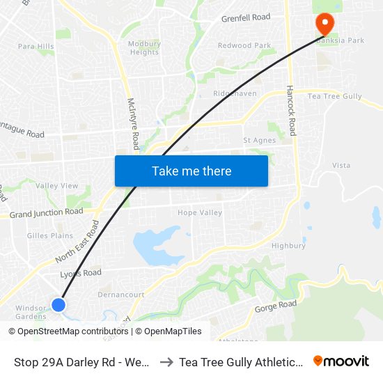 Stop 29A Darley Rd - West side to Tea Tree Gully Athletics Club map