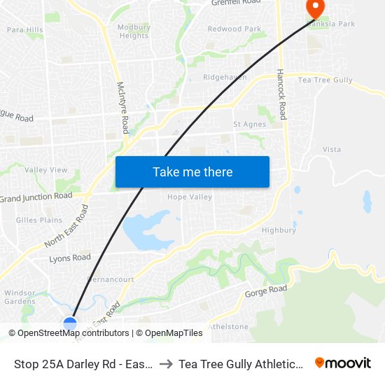 Stop 25A Darley Rd - East side to Tea Tree Gully Athletics Club map