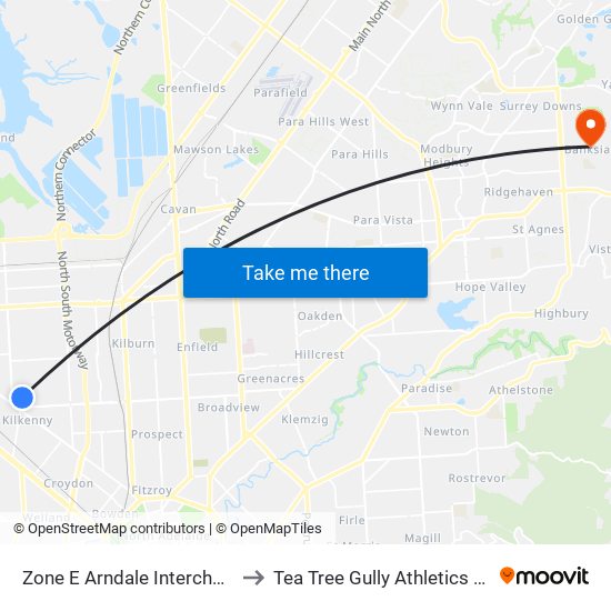 Zone E Arndale Interchange to Tea Tree Gully Athletics Club map