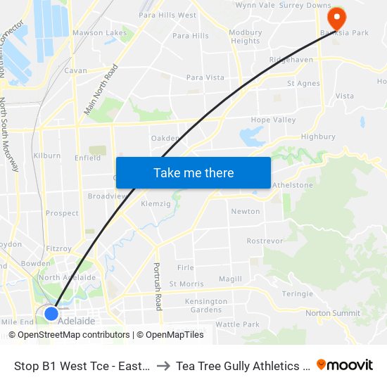 Stop B1 West Tce - East side to Tea Tree Gully Athletics Club map