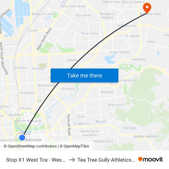 Stop X1 West Tce - West side to Tea Tree Gully Athletics Club map