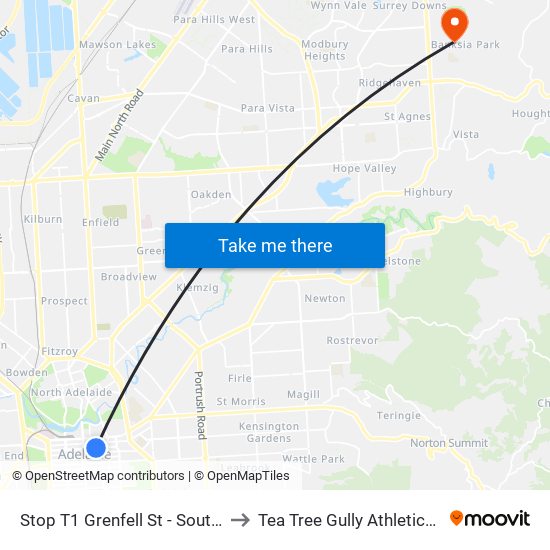 Stop T1 Grenfell St - South side to Tea Tree Gully Athletics Club map