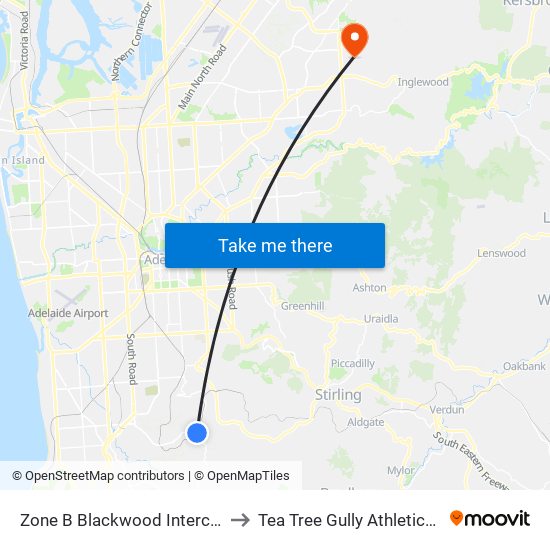 Zone B Blackwood Interchange to Tea Tree Gully Athletics Club map