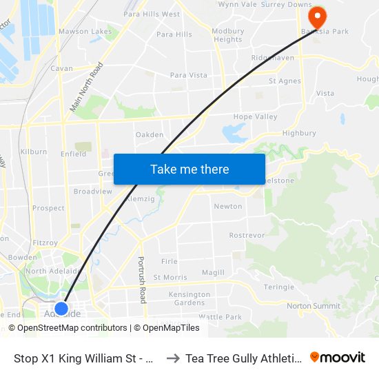 Stop X1 King William St - West side to Tea Tree Gully Athletics Club map