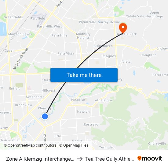 Zone A Klemzig Interchange - East side to Tea Tree Gully Athletics Club map
