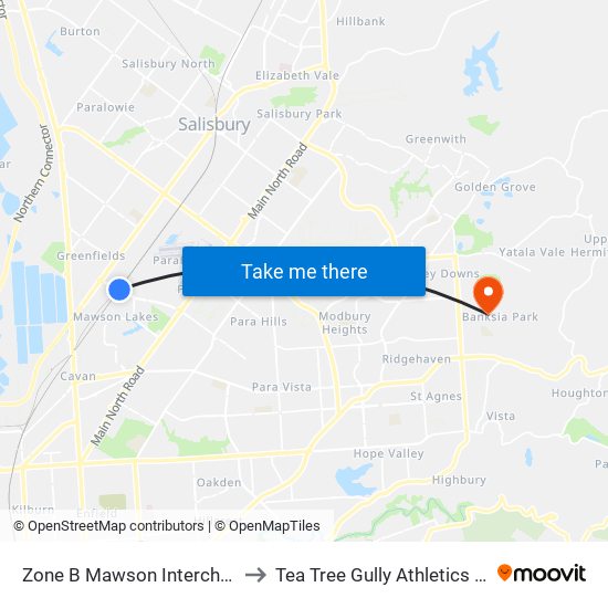 Zone B Mawson Interchange to Tea Tree Gully Athletics Club map