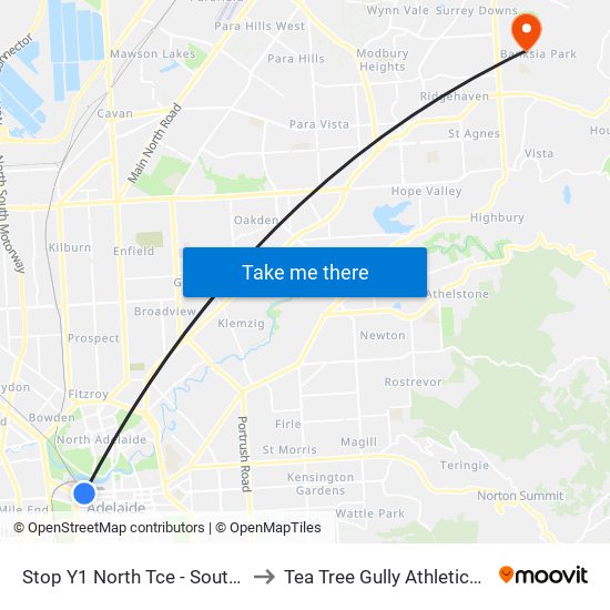 Stop Y1 North Tce - South side to Tea Tree Gully Athletics Club map
