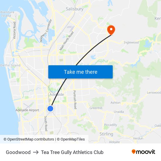 Goodwood to Tea Tree Gully Athletics Club map