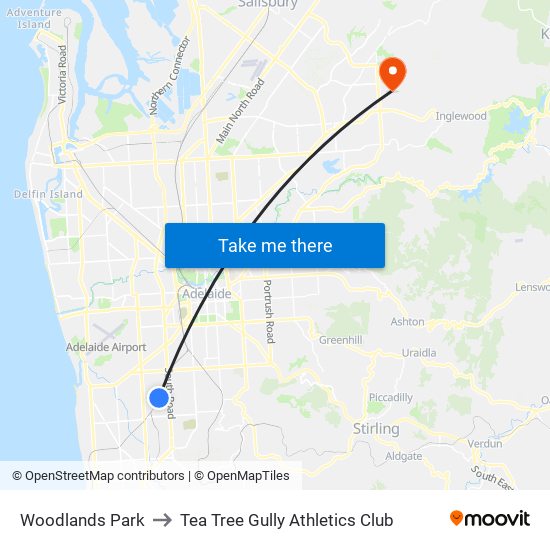 Woodlands Park to Tea Tree Gully Athletics Club map