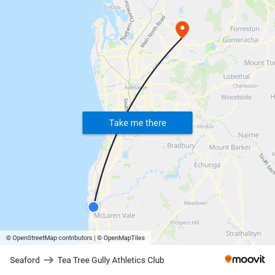 Seaford to Tea Tree Gully Athletics Club map