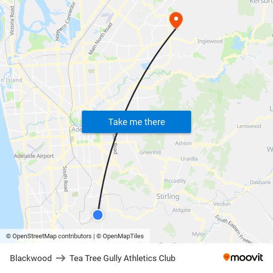 Blackwood to Tea Tree Gully Athletics Club map