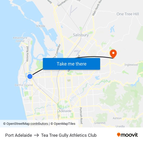 Port Adelaide to Tea Tree Gully Athletics Club map