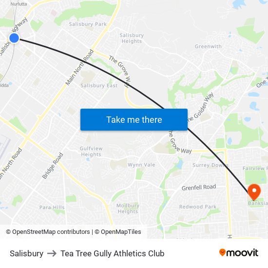 Salisbury to Tea Tree Gully Athletics Club map