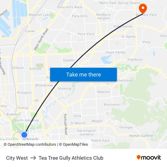 City West to Tea Tree Gully Athletics Club map