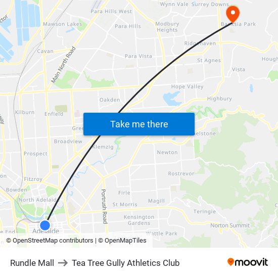 Rundle Mall to Tea Tree Gully Athletics Club map