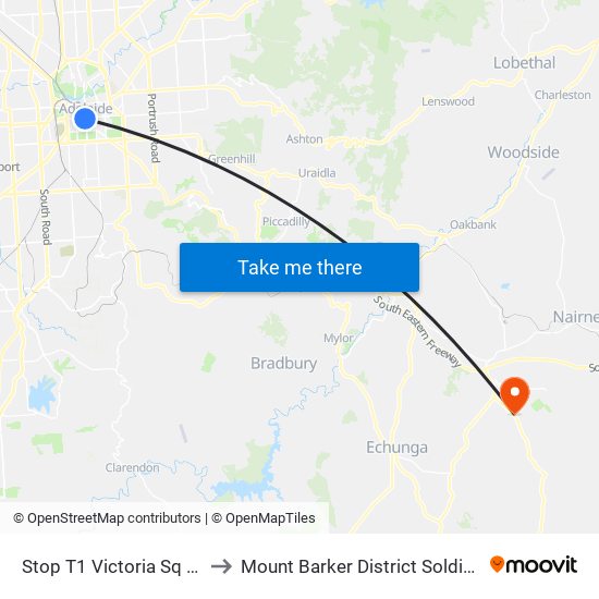 Stop T1 Victoria Sq - South West side to Mount Barker District Soldiers' Memorial Hospital map