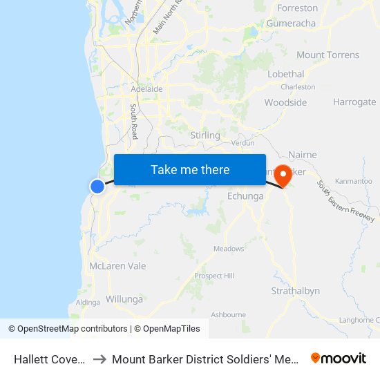 Hallett Cove Beach to Mount Barker District Soldiers' Memorial Hospital map