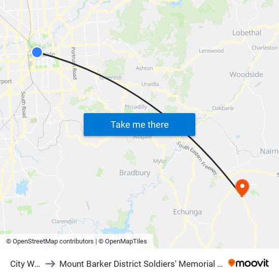 City West to Mount Barker District Soldiers' Memorial Hospital map