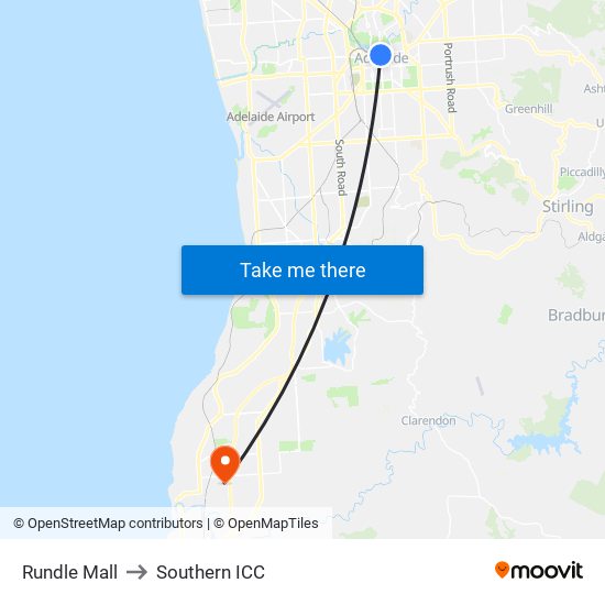 Rundle Mall to Southern ICC map