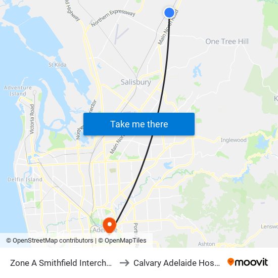 Zone A Smithfield Interchange to Calvary Adelaide Hospital map