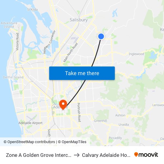 Zone A Golden Grove Interchange to Calvary Adelaide Hospital map