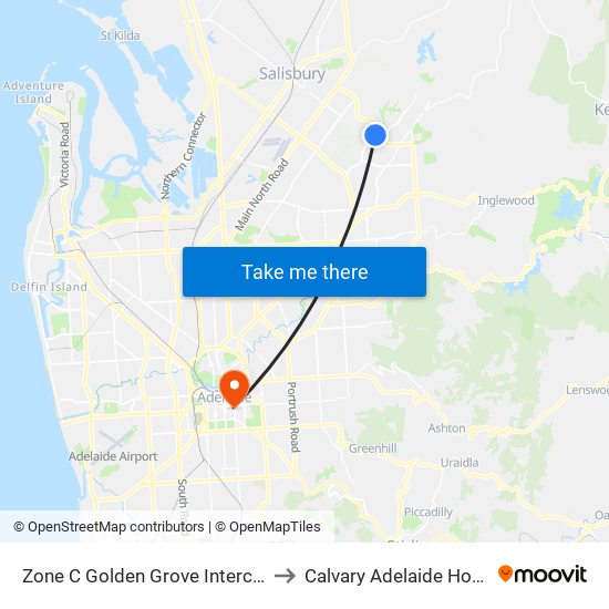 Zone C Golden Grove Interchange to Calvary Adelaide Hospital map